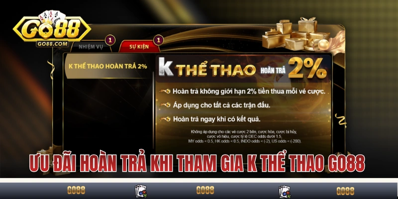 K Thể Thao GO88 Với Mức Hoàn Trả Hấp Dẫn Lên Đến Tối Đa 2% 4 Ưu đãi hoàn trả khi tham gia K thể thao GO88